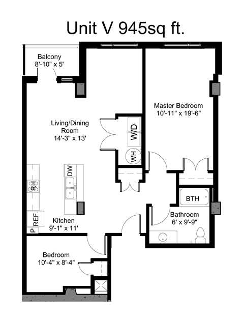 Floor plan for 2 beds, 1 bath, 946 sqft